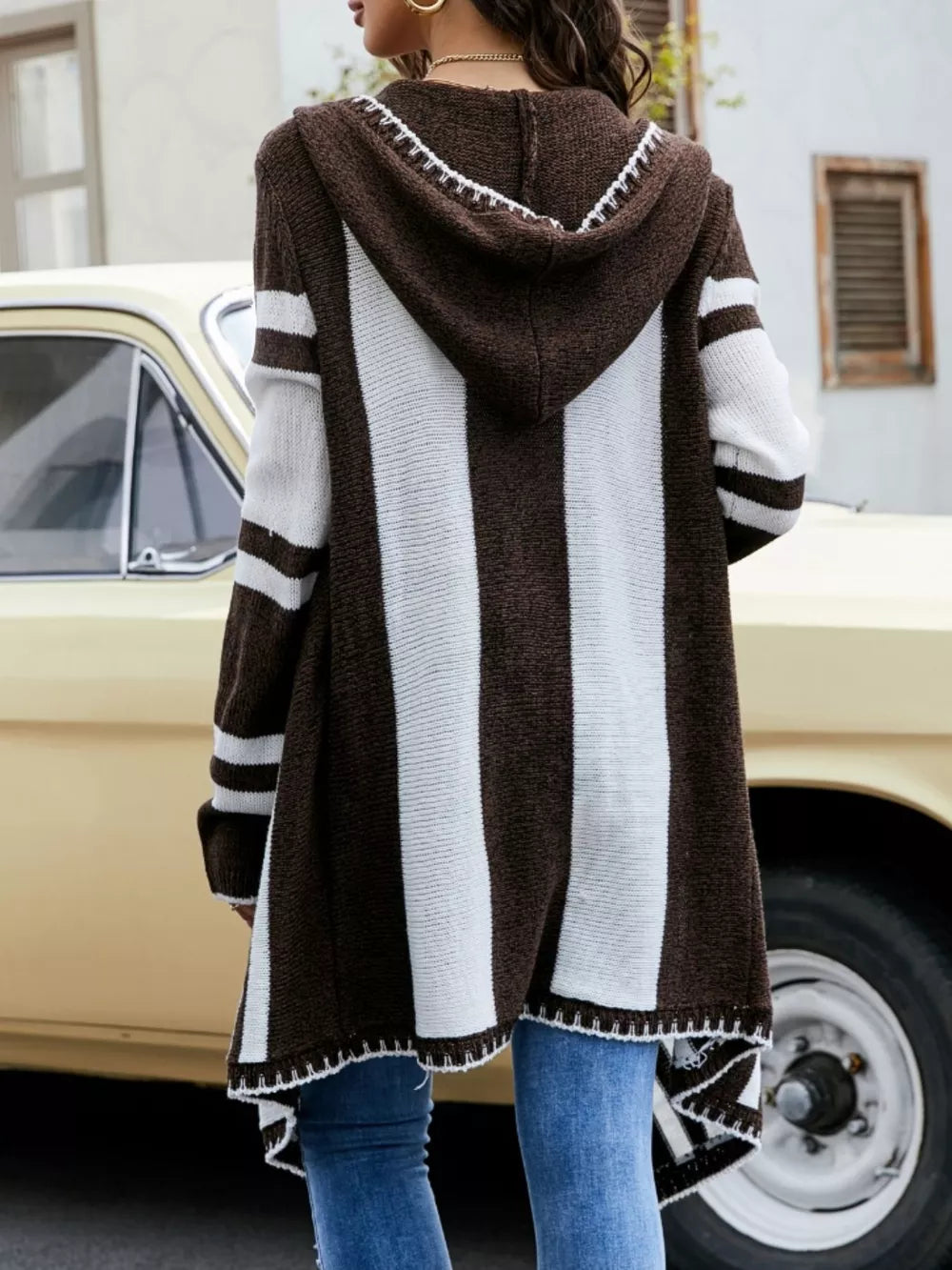 Striped Hooded Open Front Cardigan
