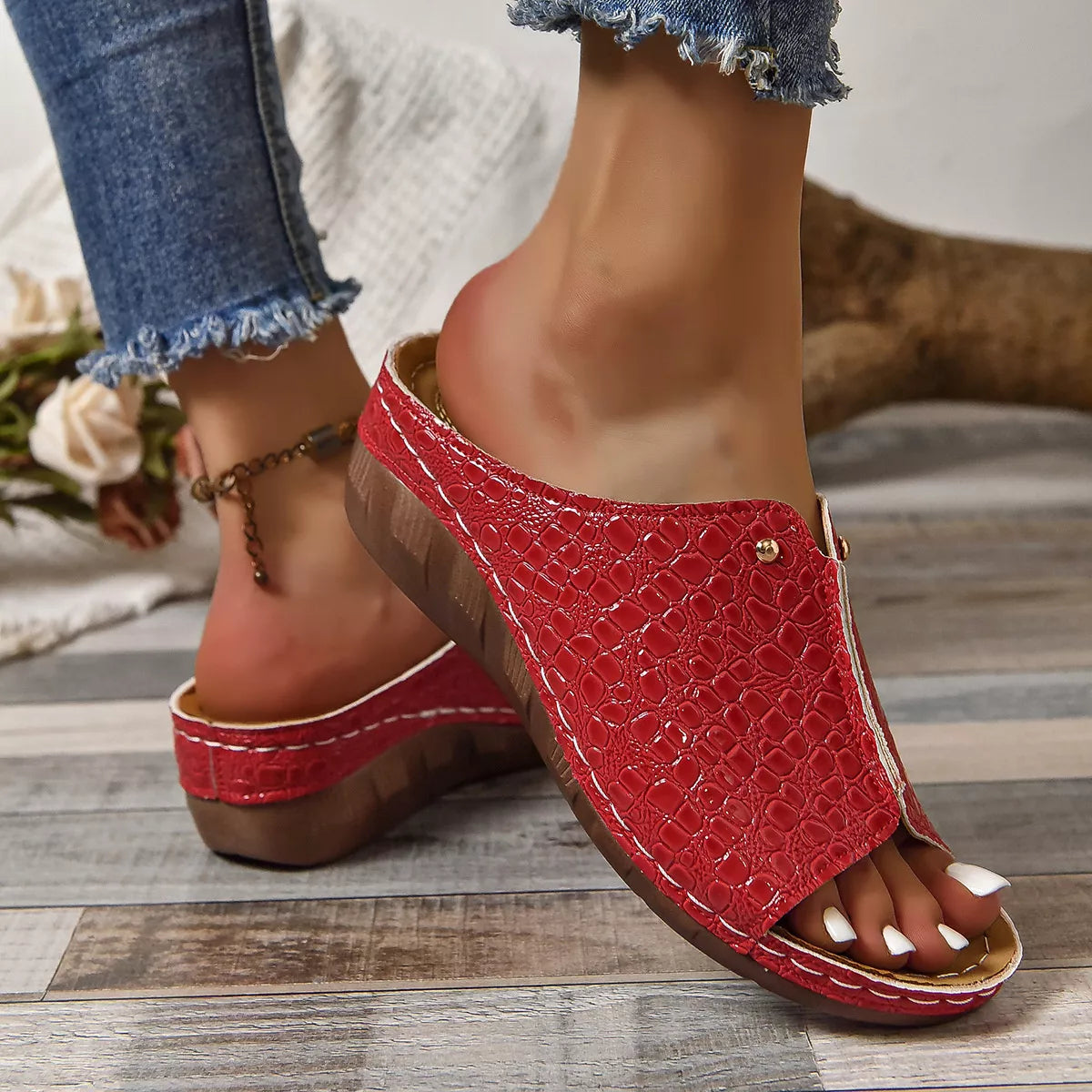 Crocodile-Embossed Wedge Sandals