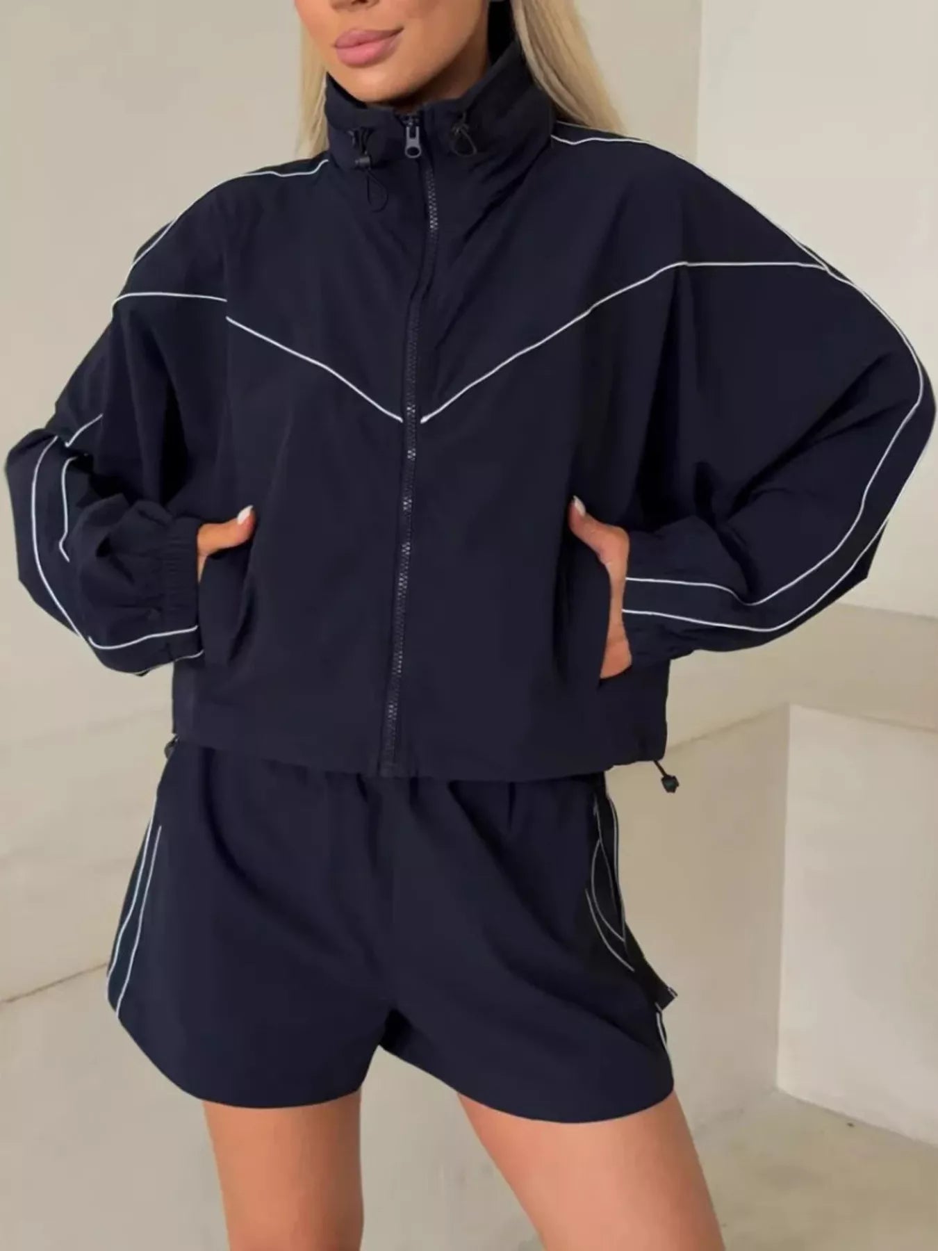 Drawstring Zip-Up Jacket and Shorts Set