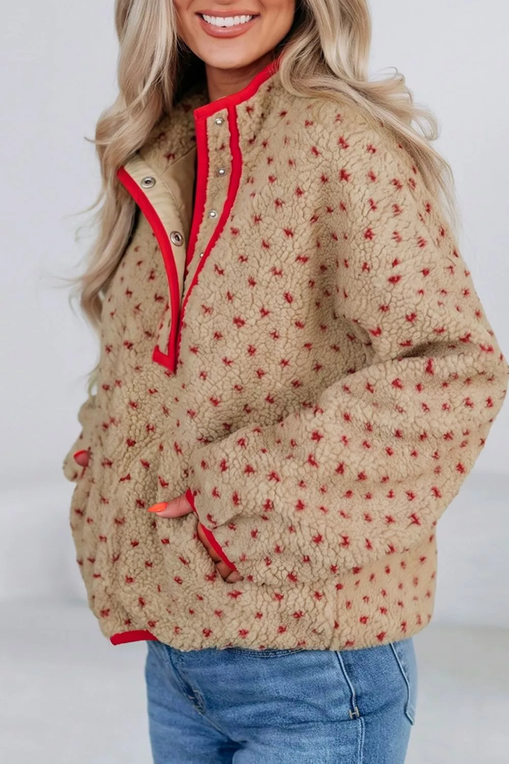 Heart Pattern Fleece Colorblock Collar Long Sleeve Sweatshirt