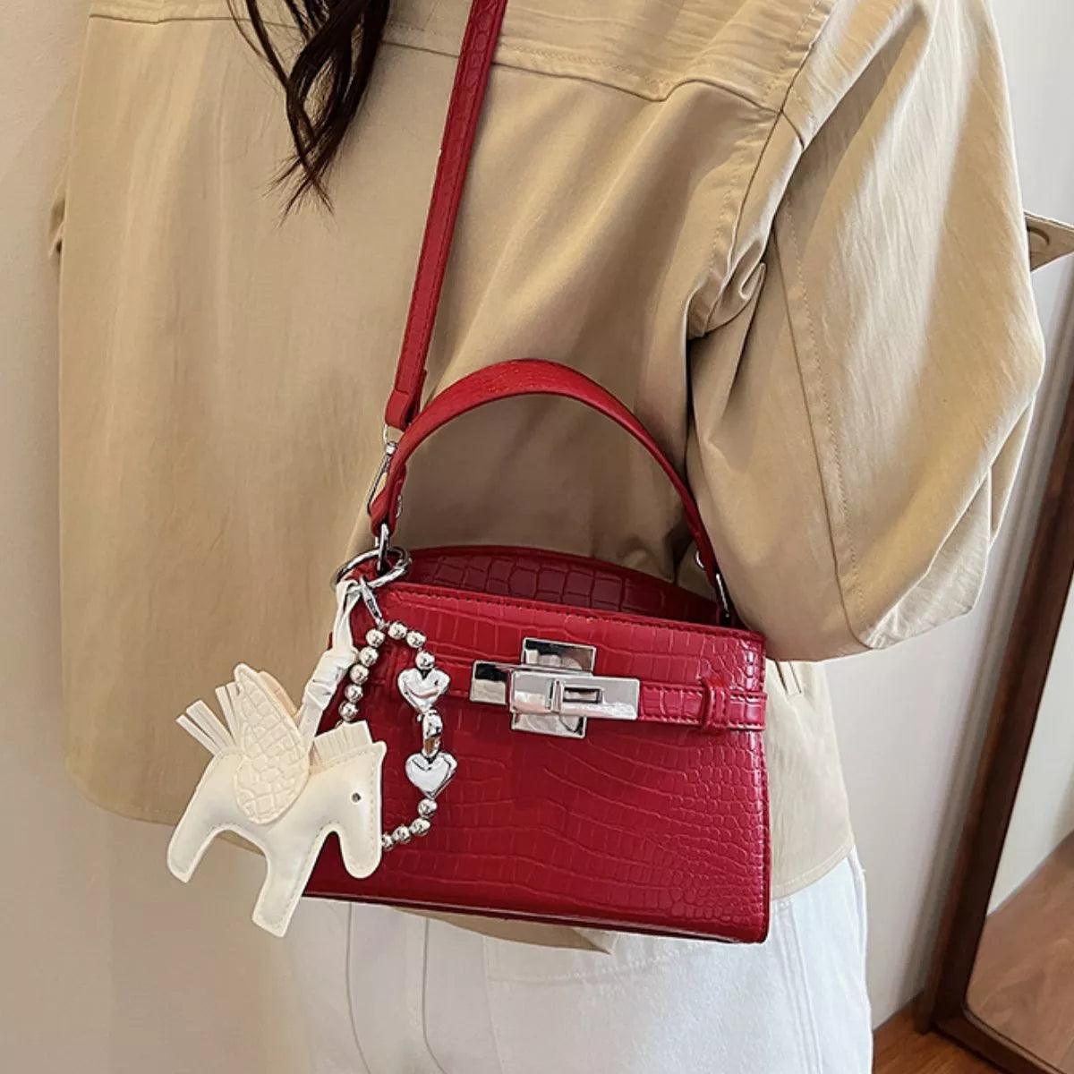 Crocodile-Embossed Top-Handle Handbag