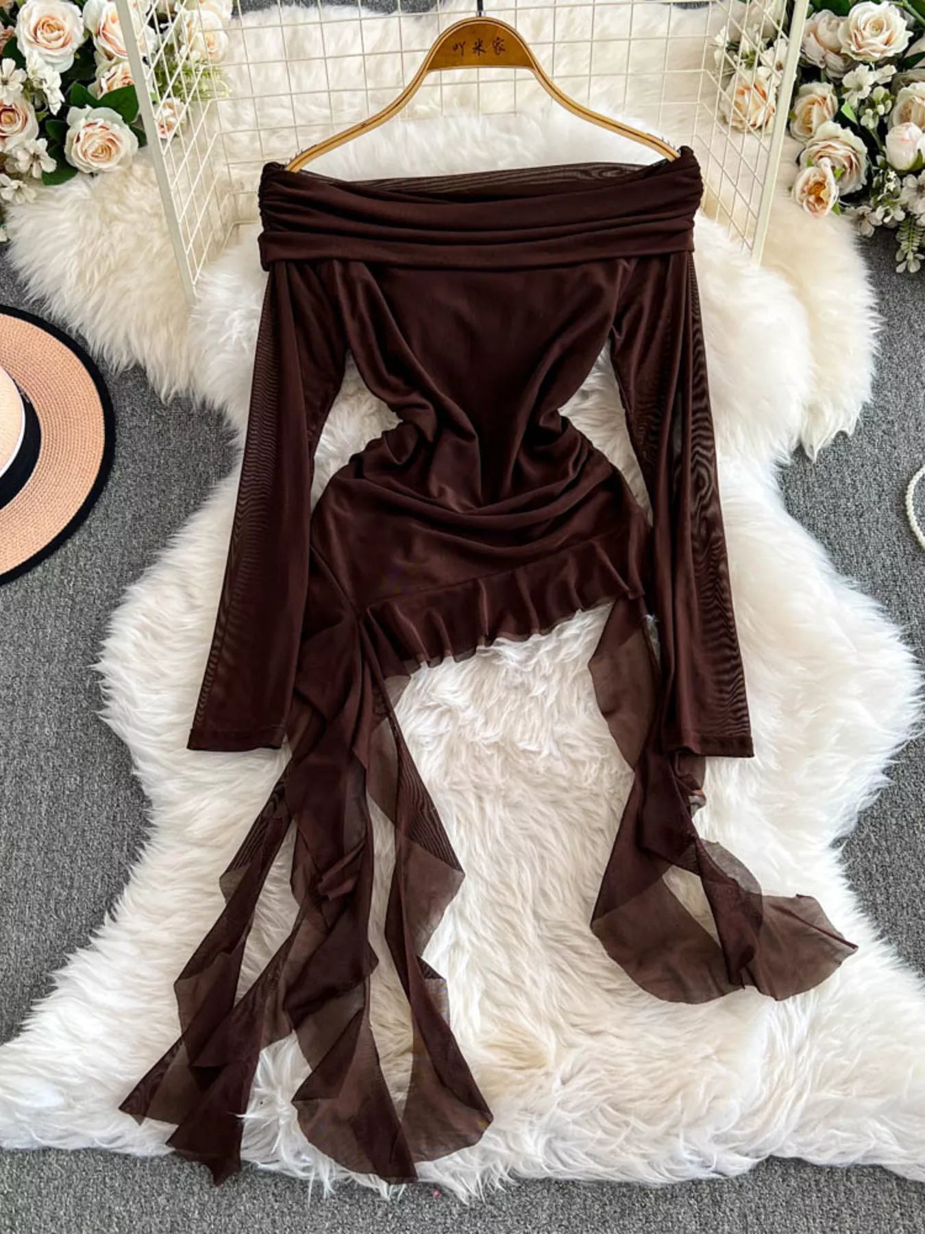 Off-Shoulder Ruffled Mesh Top