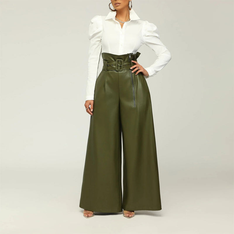 Women's Fashion High-Waisted PU Wide-Leg Pants, Solid Color Metal Belt Detail Trousers With Pockets (See size chart where applicable)