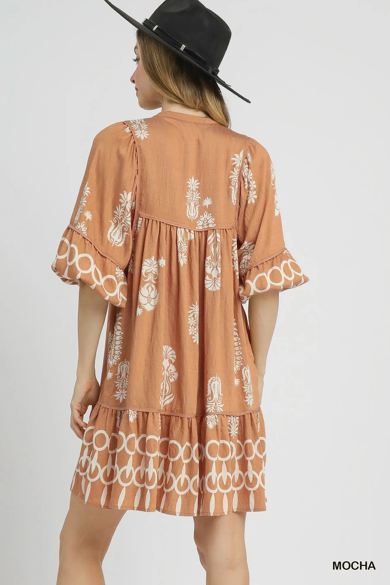 Umgee Boarder Print Tassel Tie Neck Mini Dress
