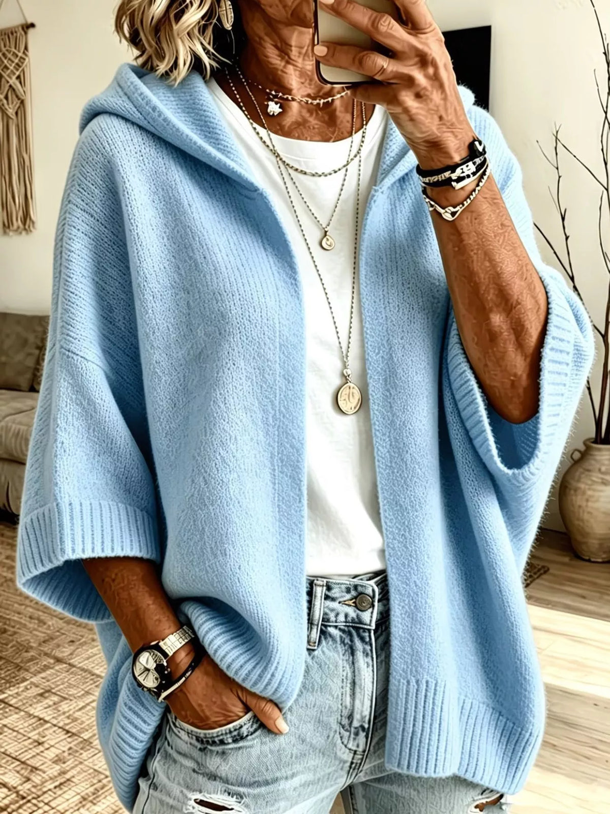Full Size Hooded Open-Front Knit Cardigan Plus Size