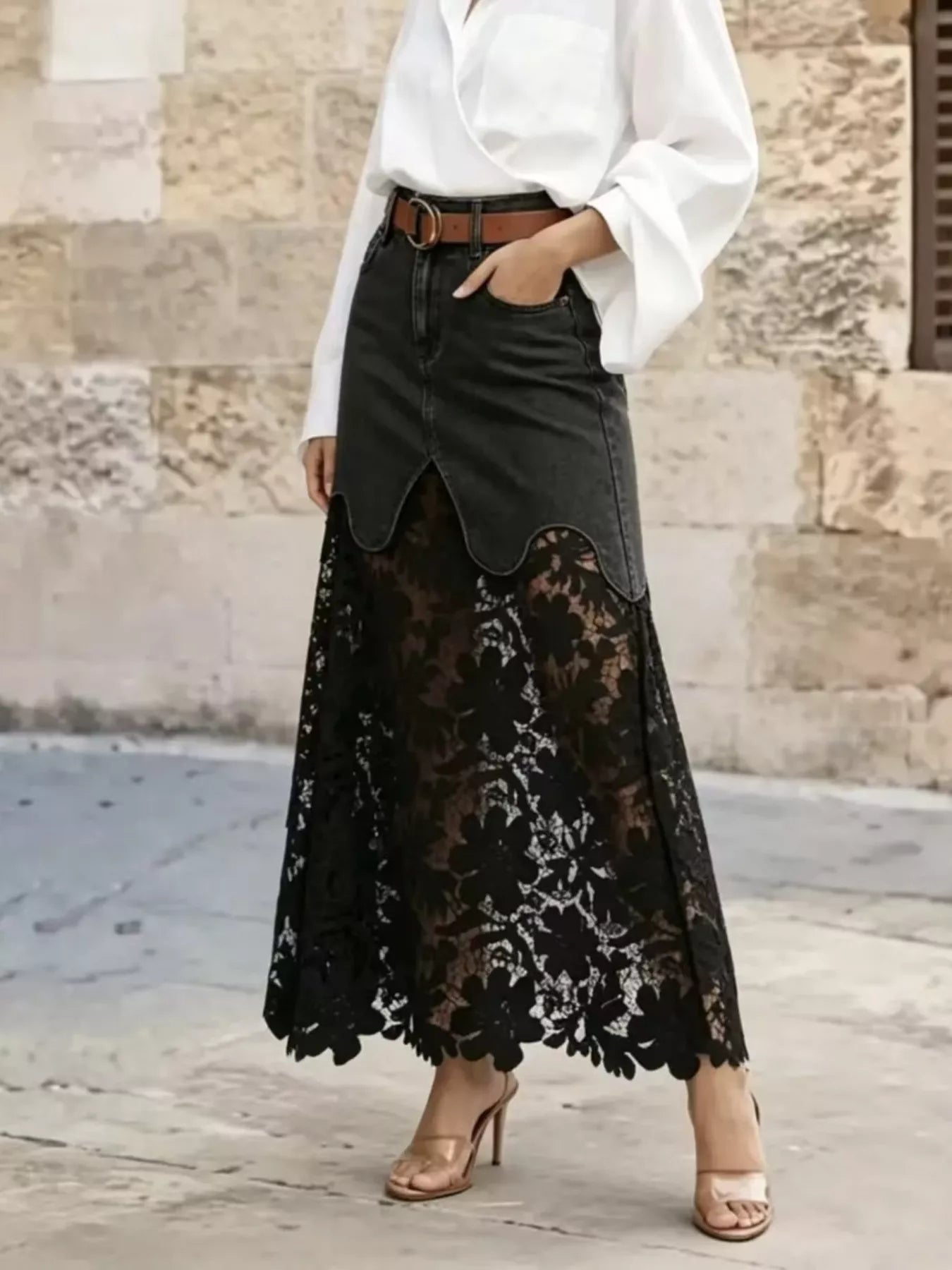 Lace Trimmed Slit Skirt