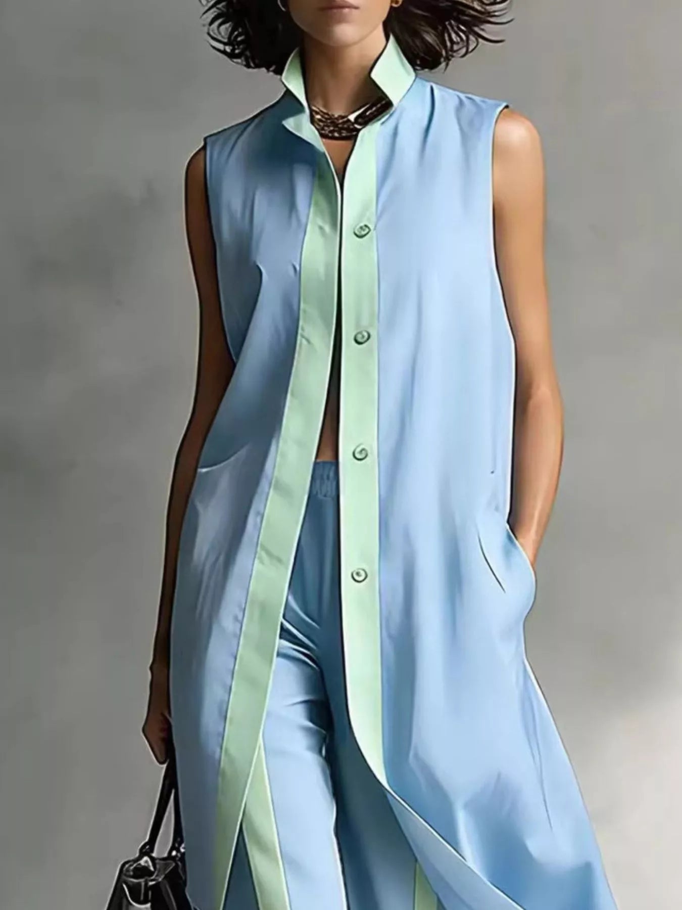 Full Size Sleeveless Longline Vest and Wide‑Leg Pants Set Plus Size