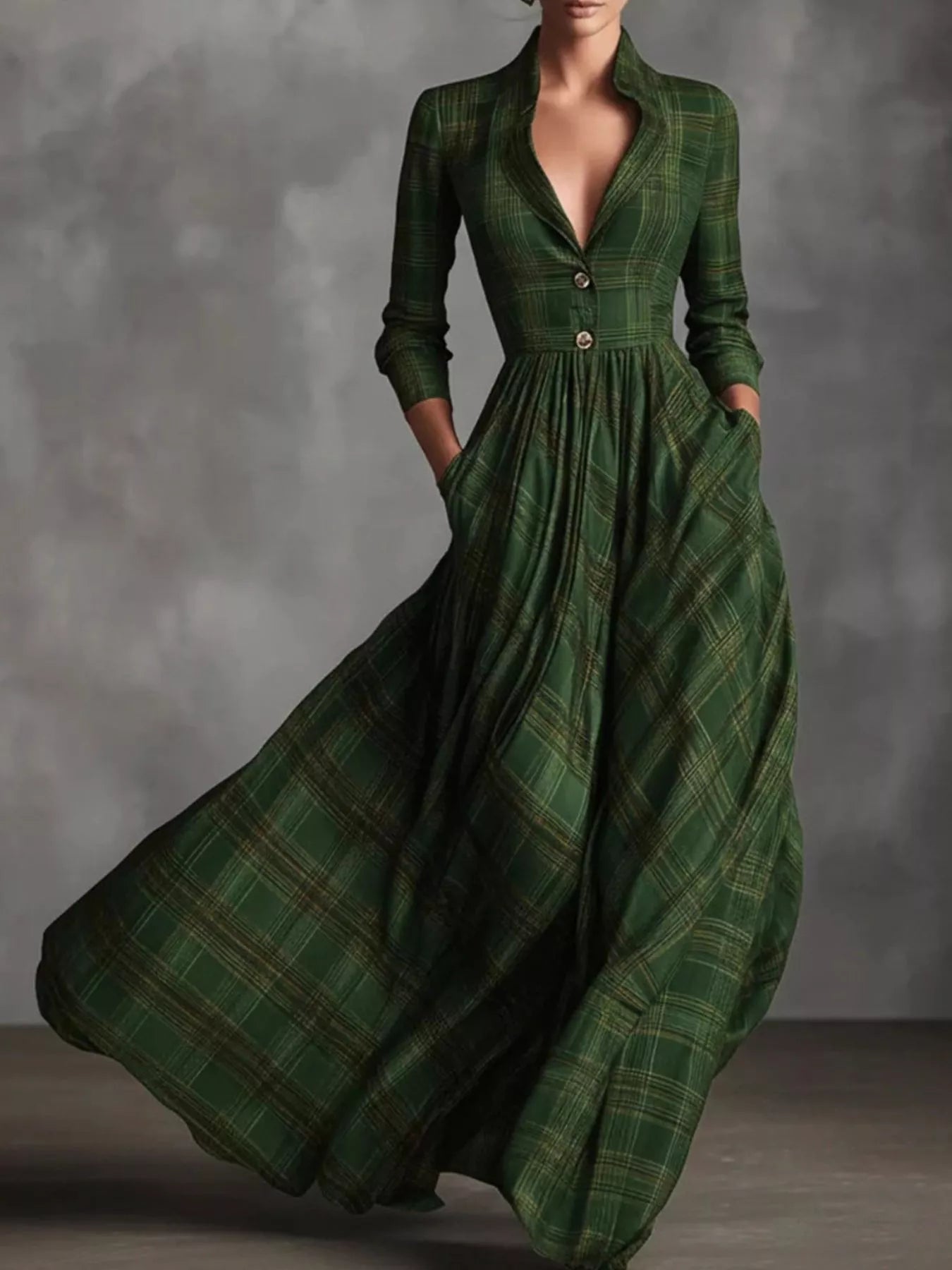 Plaid Lapel Maxi Dress with Pockets