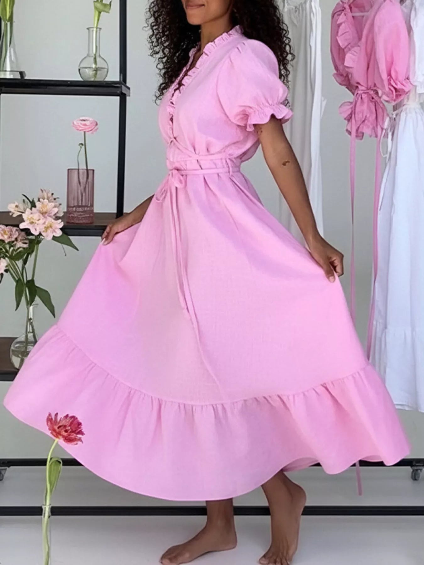 Full Size Puff Sleeve Ruffle Trim Maxi Dress Plus Size
