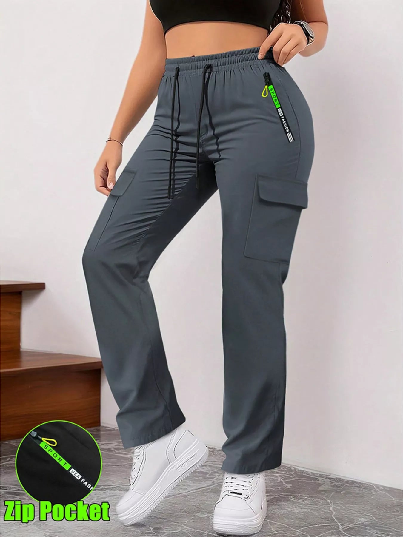 Full Size Drawstring Cargo Pants with Zip Pocket Plus Size
