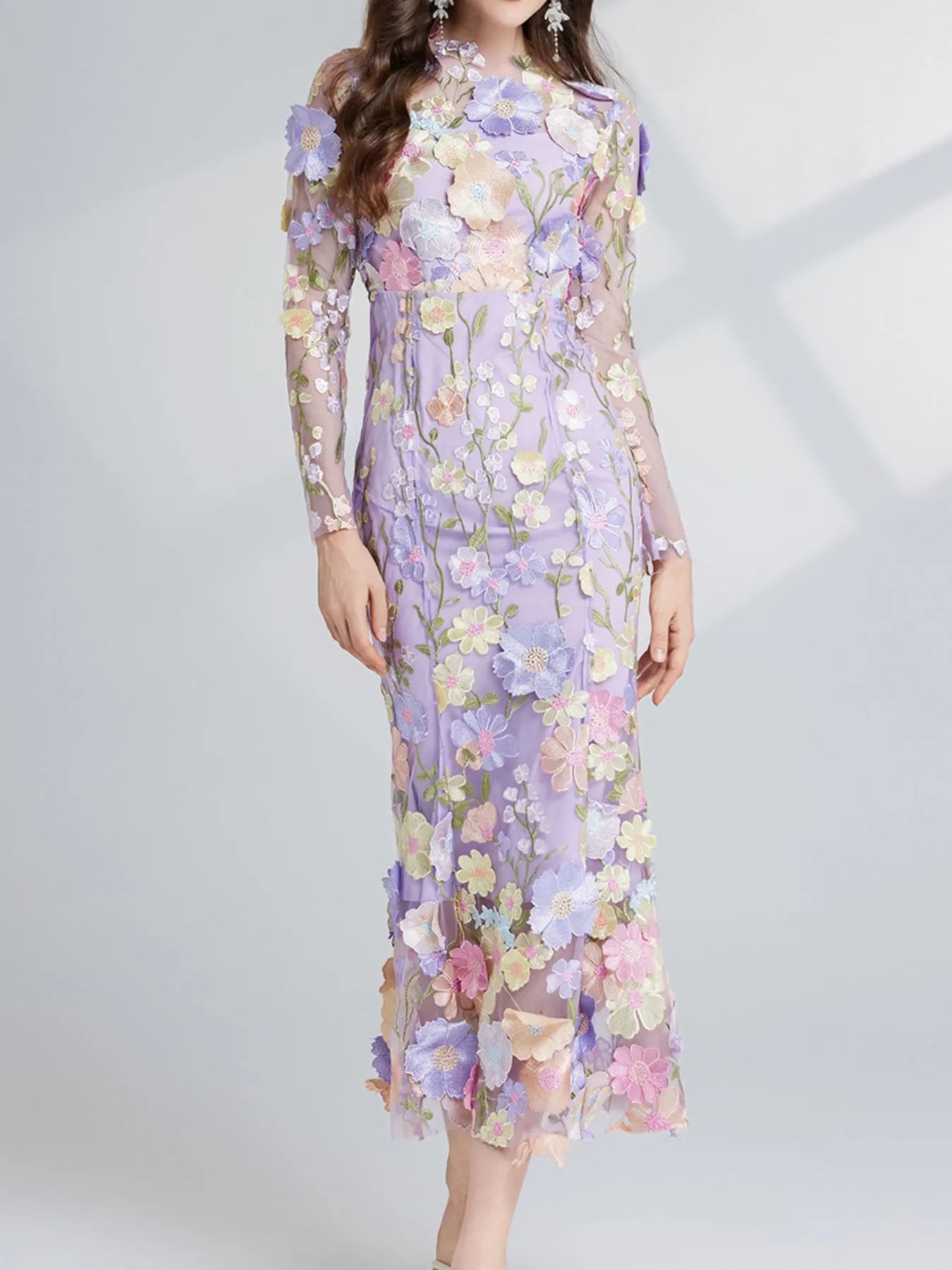 Floral Embroidered Mesh Long Sleeve Midi Dress