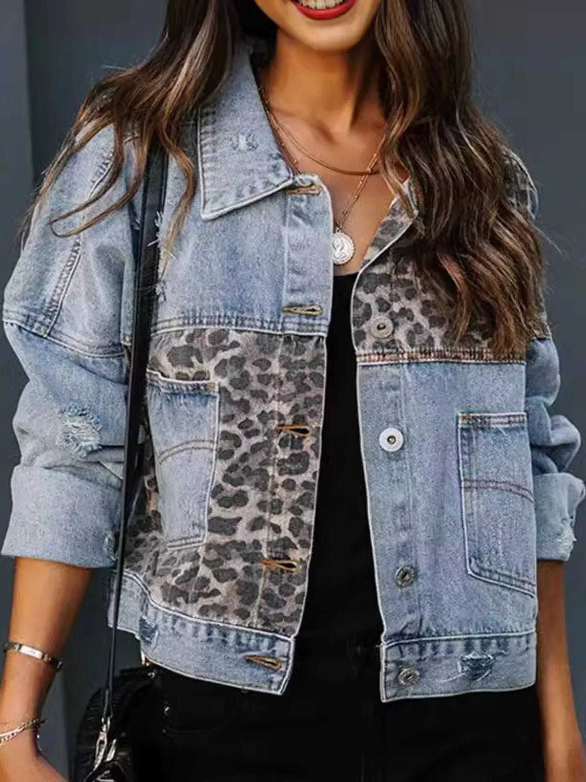 Full Size Distressed Leopard Dropped Shoulder Denim Jacket Plus Size
