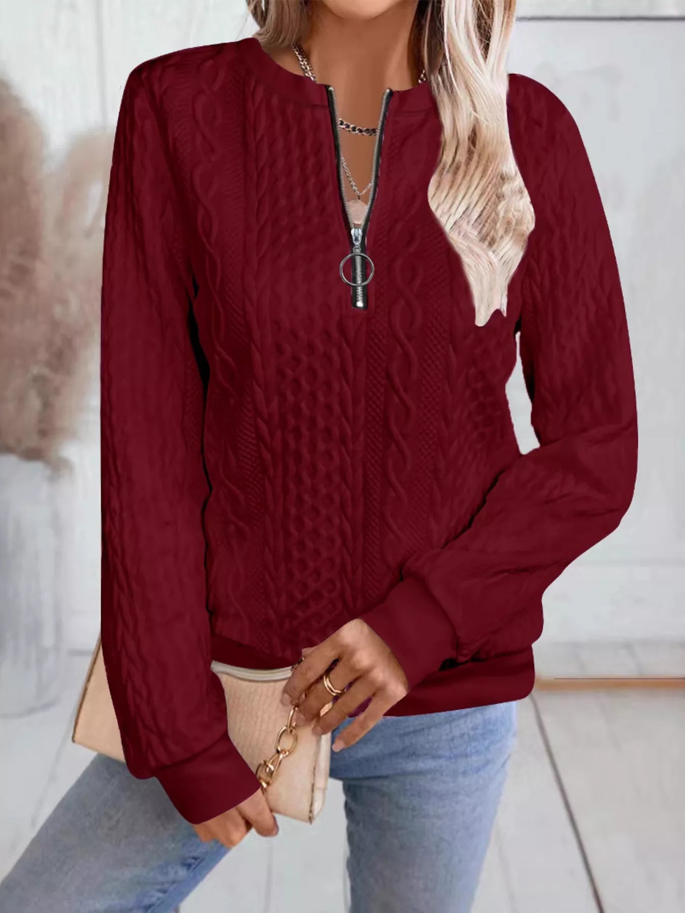 Chic Cable Texture Quarter-Zip Sweatshirt
