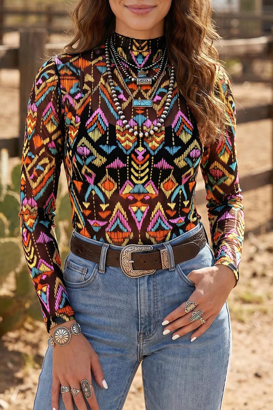Abstract Print Long Sleeve Stand Neck Mesh Top