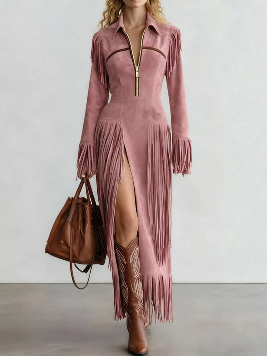Fringed Suede Slit Dress