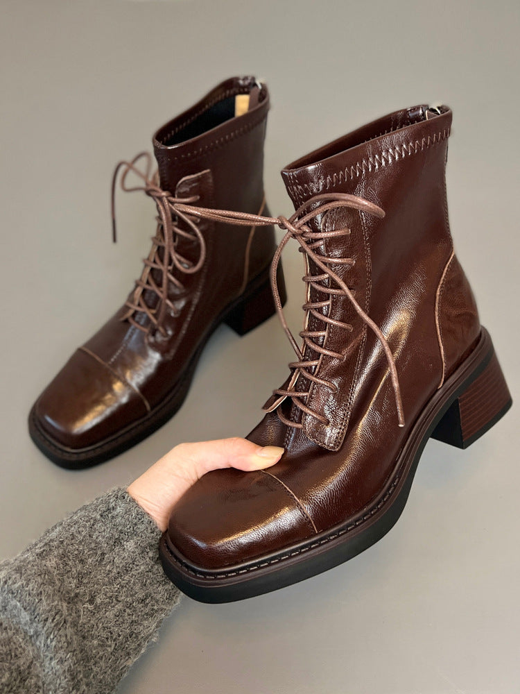 Lace-Up Square Toe Martin Boots | Block Heel Short Ankle Boot