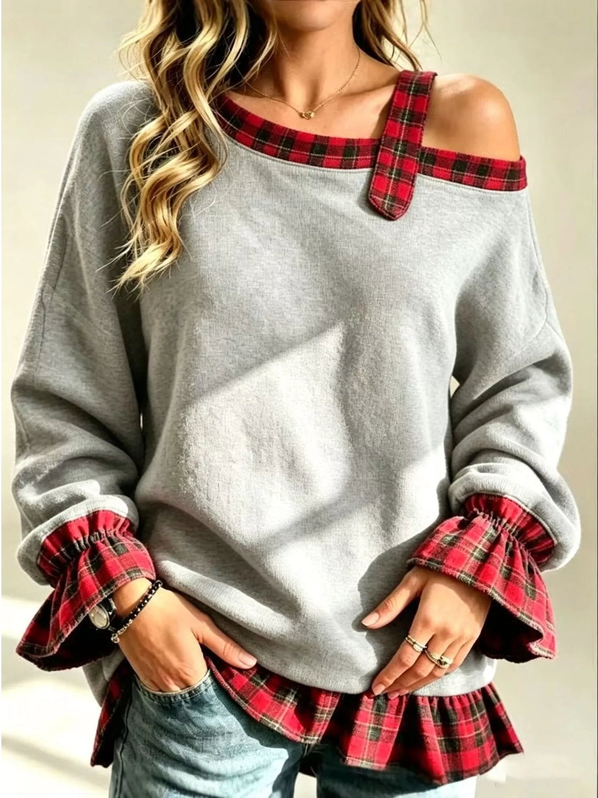 Full Size Cold-Shoulder Plaid Patchwork Long Sleeve Top Plus Size