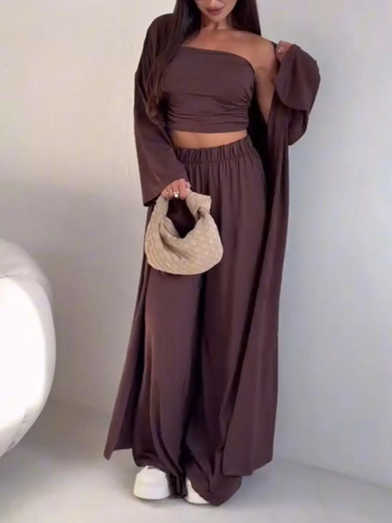 Chic Strapless Ruched Crop Top and Wide-Leg Pants with Cardigan 3-Piece Set