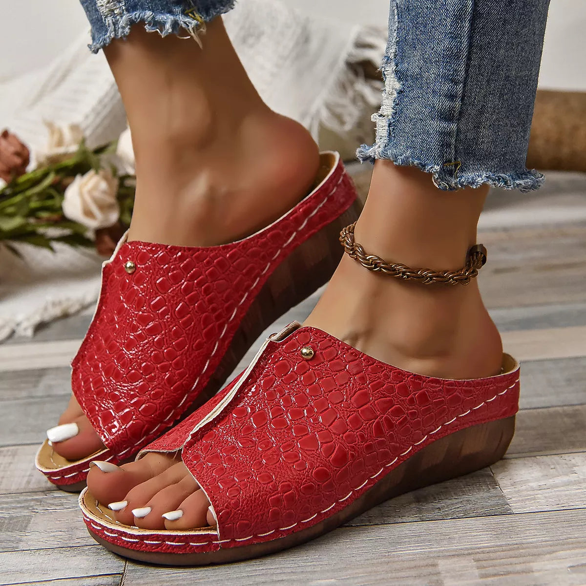 Crocodile-Embossed Wedge Sandals