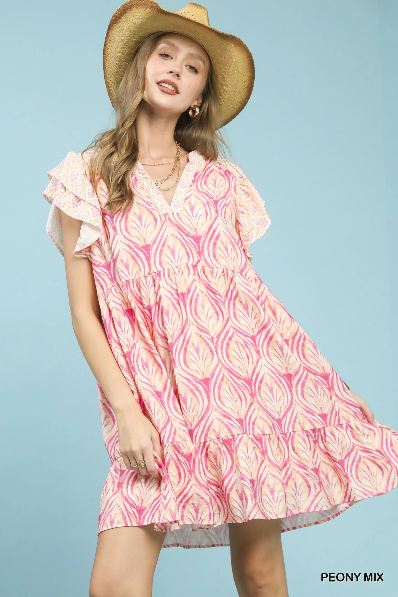 Umgee Mix Printed Flutter Sleeve Dress