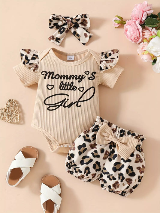 Children's Leopard Ruffled Bodysuit and Shorts Set with Headband