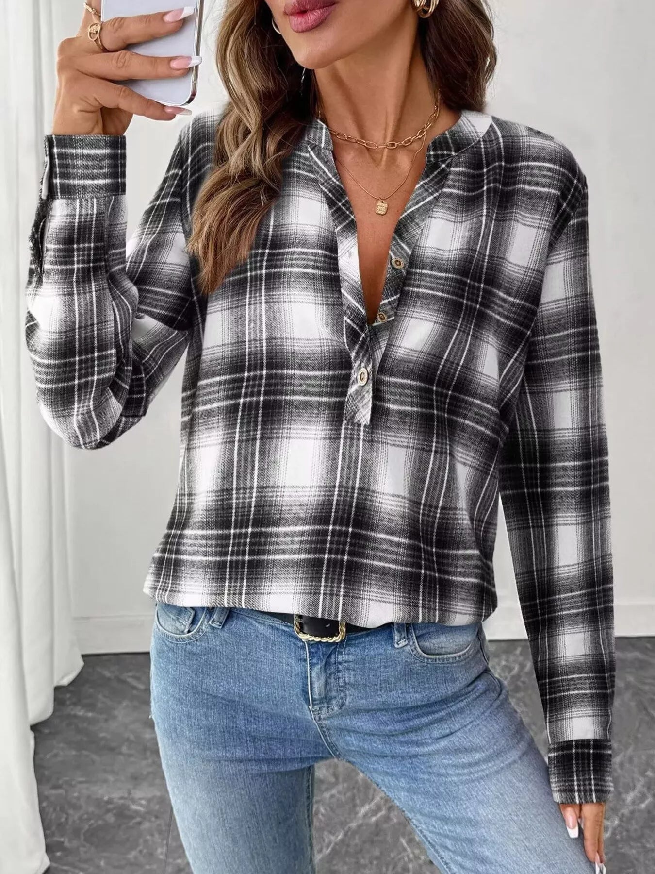 Plaid Half Button Long Sleeve Blouse