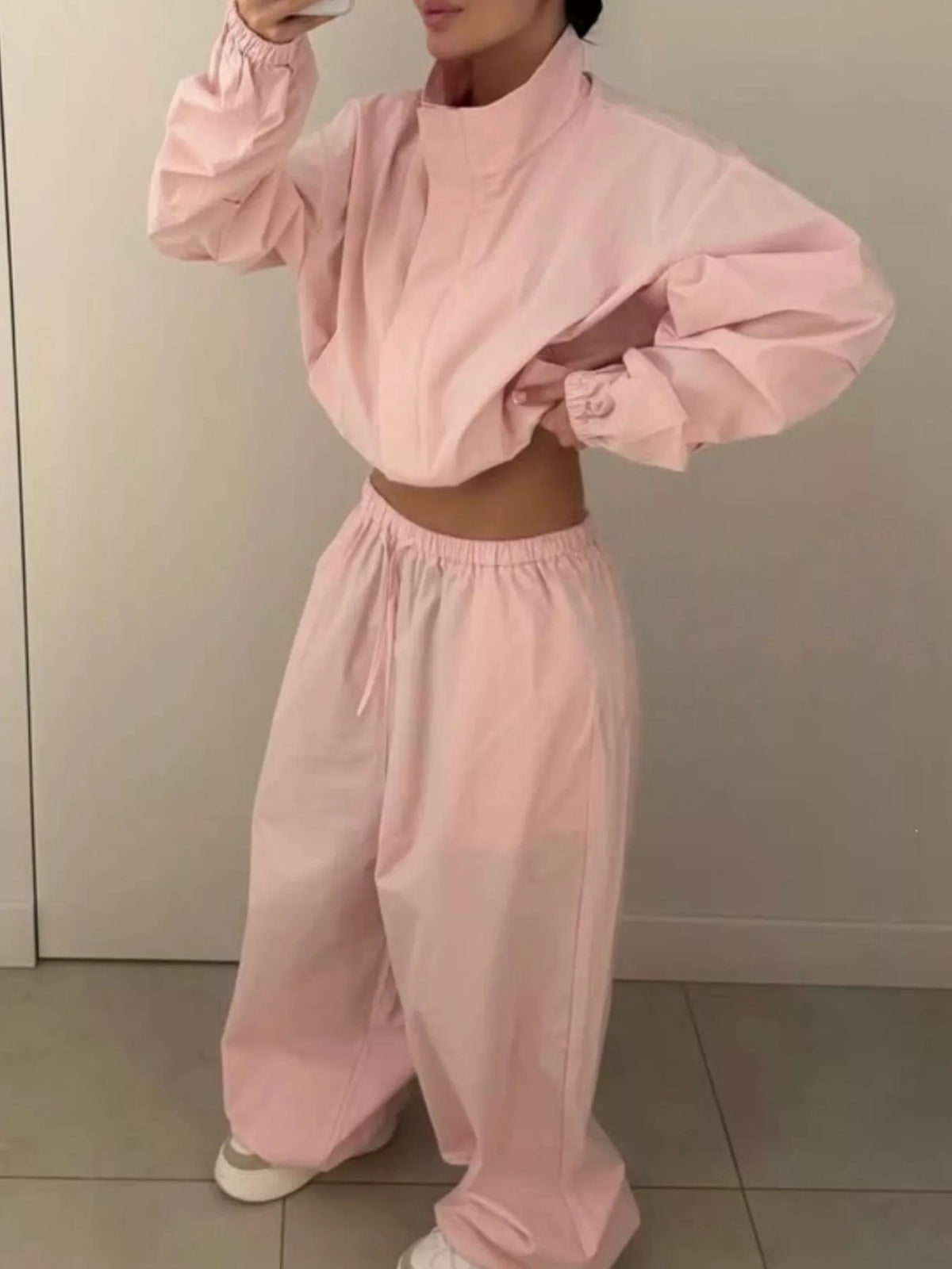 Drawstring Hem Crop Jacket and Wide-Leg Pant Set
