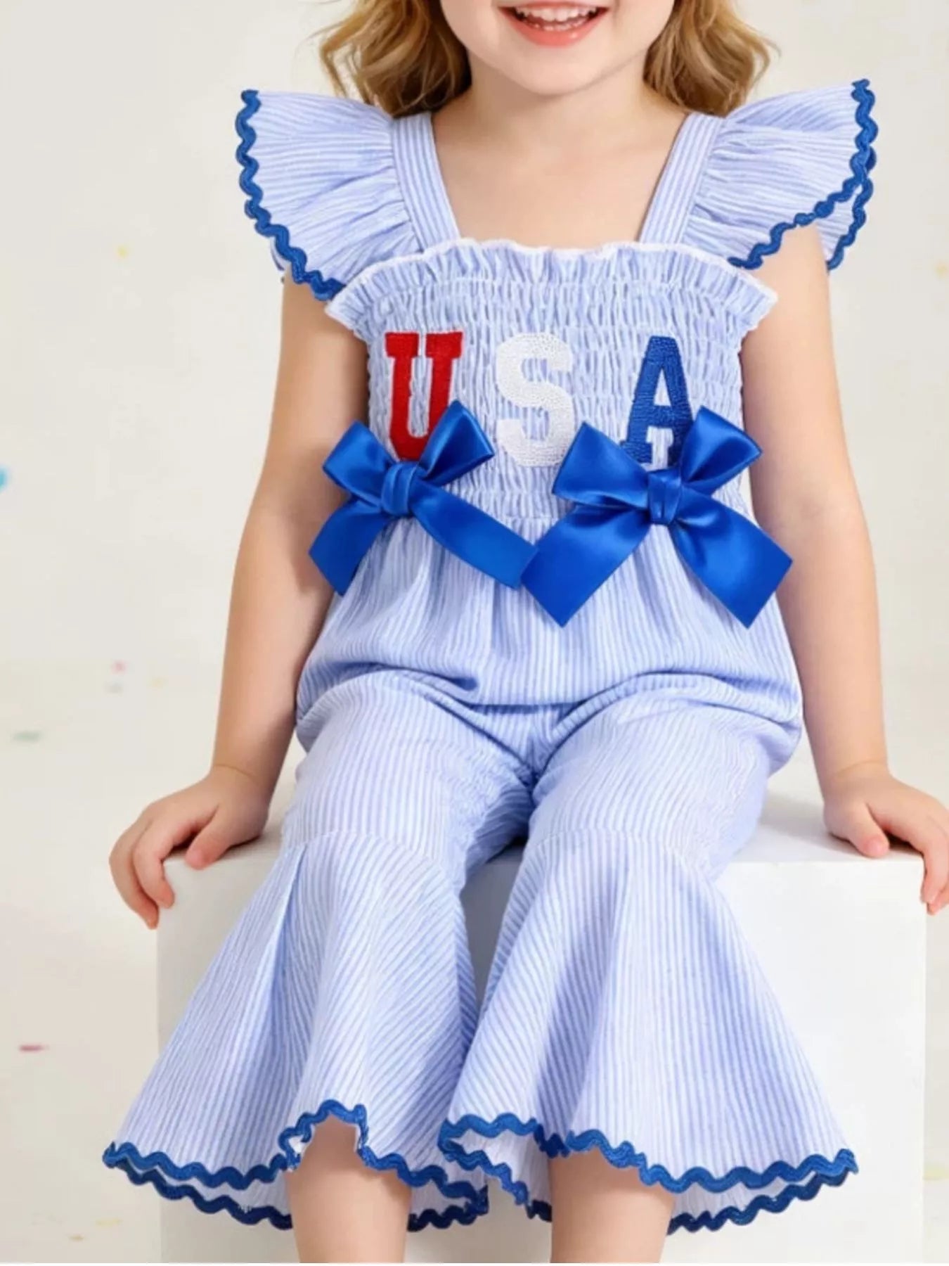 Children's USA Themed Ruffled Sleeve Smocked Jumpsuit