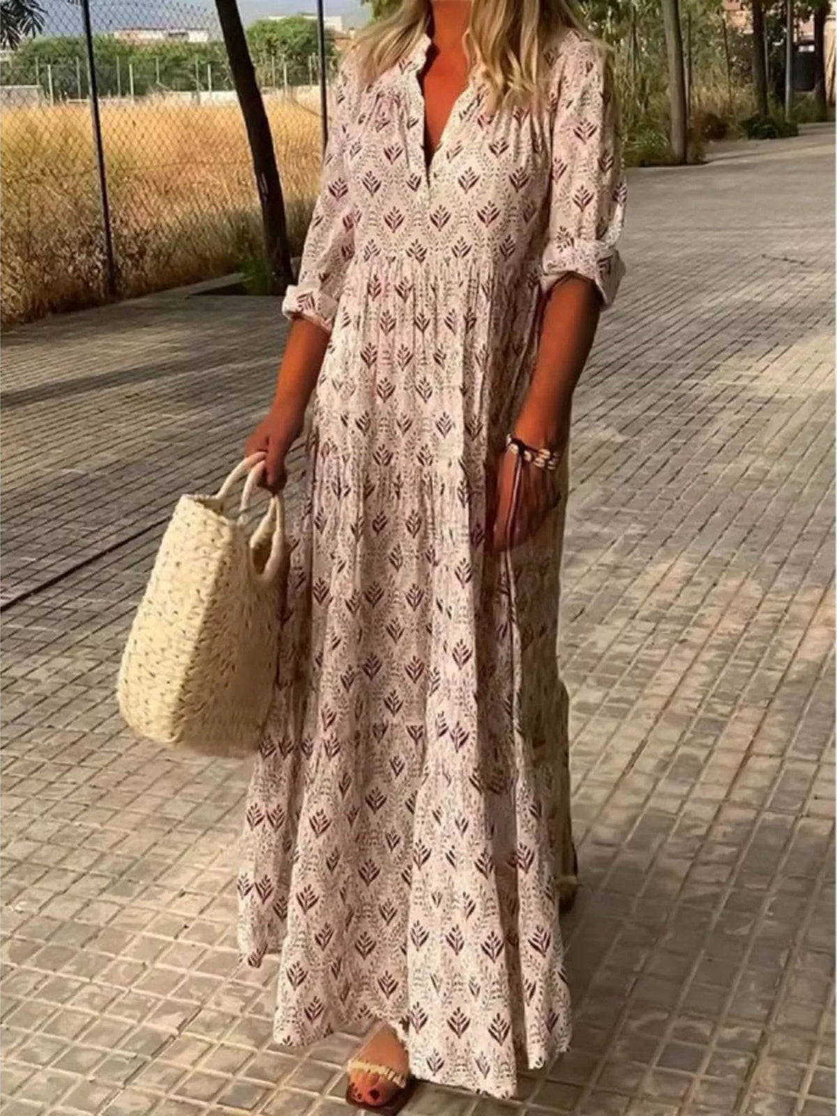 Full Size Printed Notched Tiered Maxi Dress Plus Size