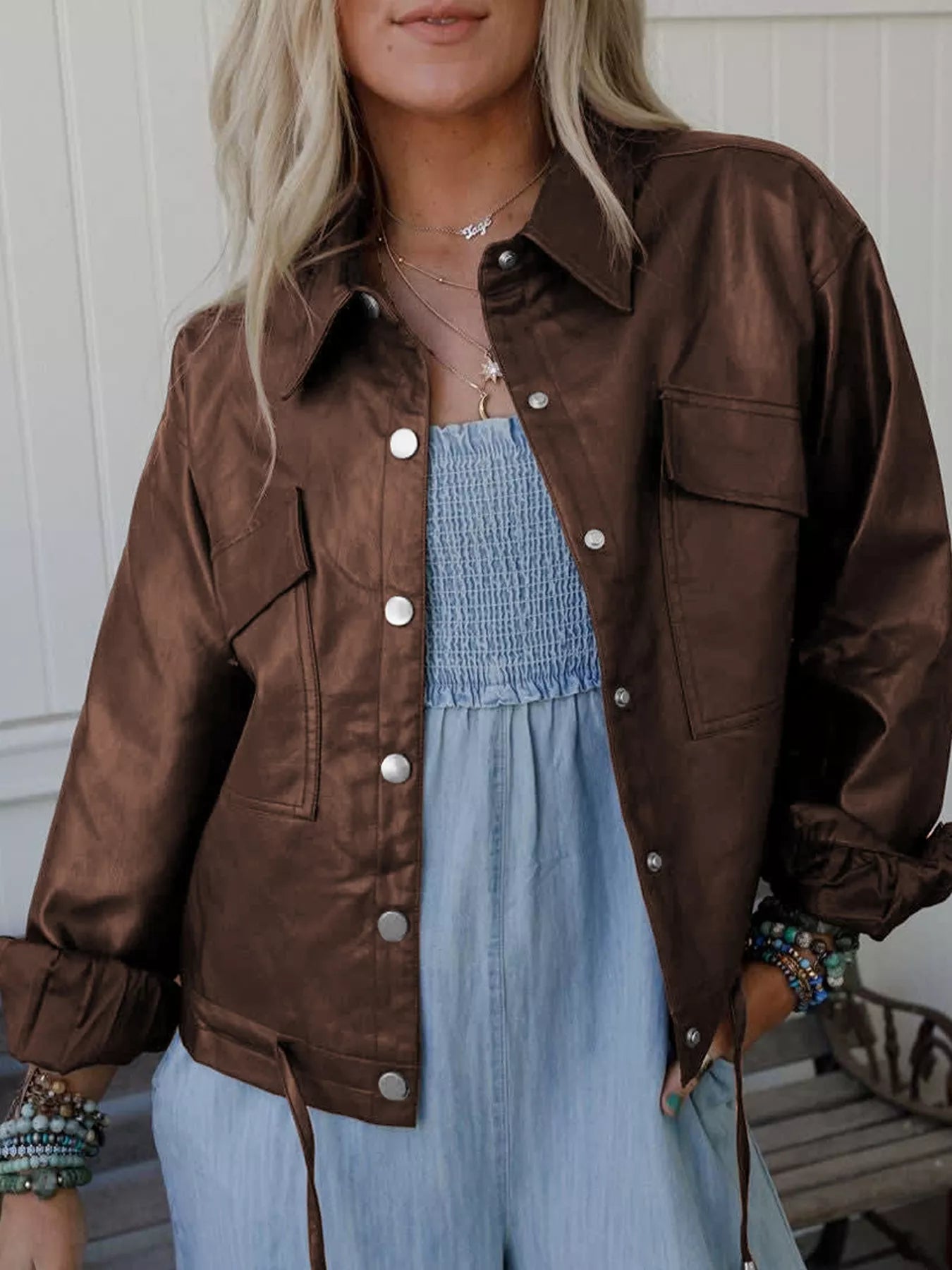 Double Flap Pocket Drawstring Hem Leather Jacket