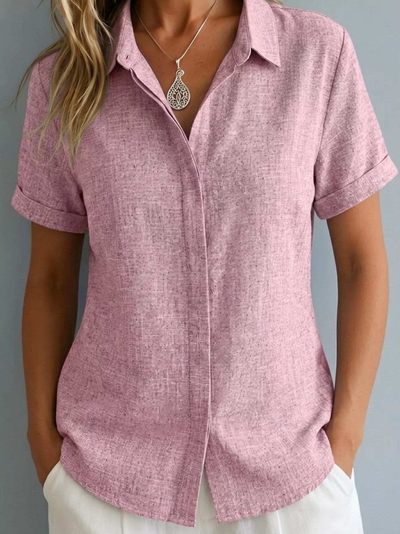 Full Size Collared Neck Short Sleeve Shirt Plus Size