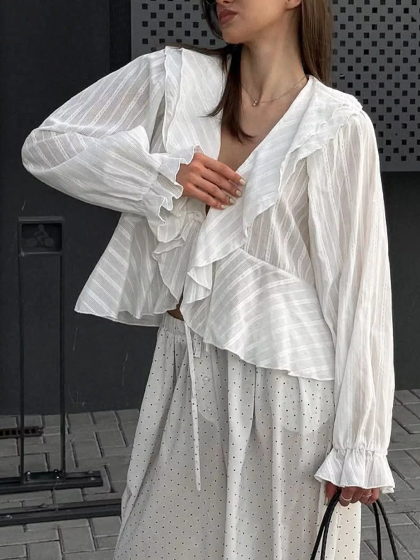 Ruffled Striped Flounce Sleeve Blouse