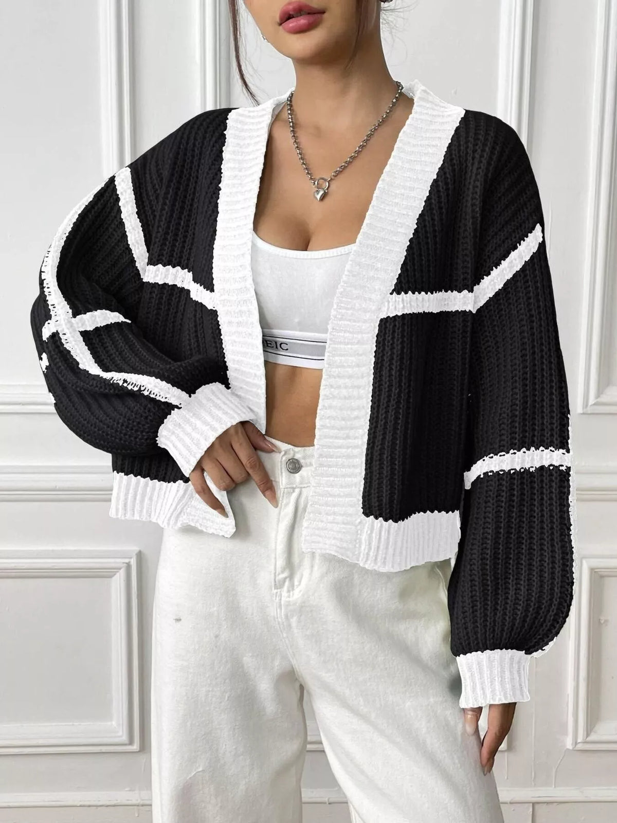 Color-Block Ribbed Knit Open-Front Cropped Cardigan