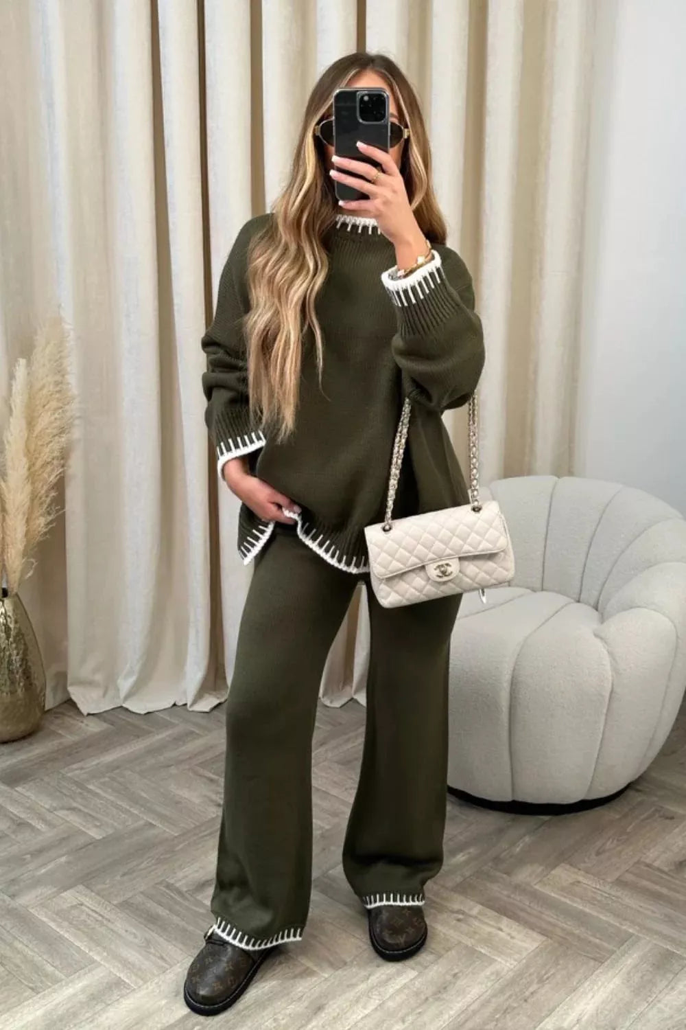 Contrast Trim Round Neck Top and Pants Sweater Set