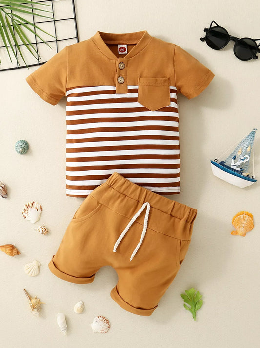 Children's Striped Button Detail Polo and Shorts Set