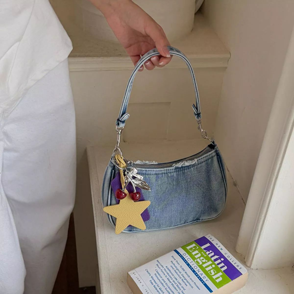 Star Charm Denim Shoulder Bag