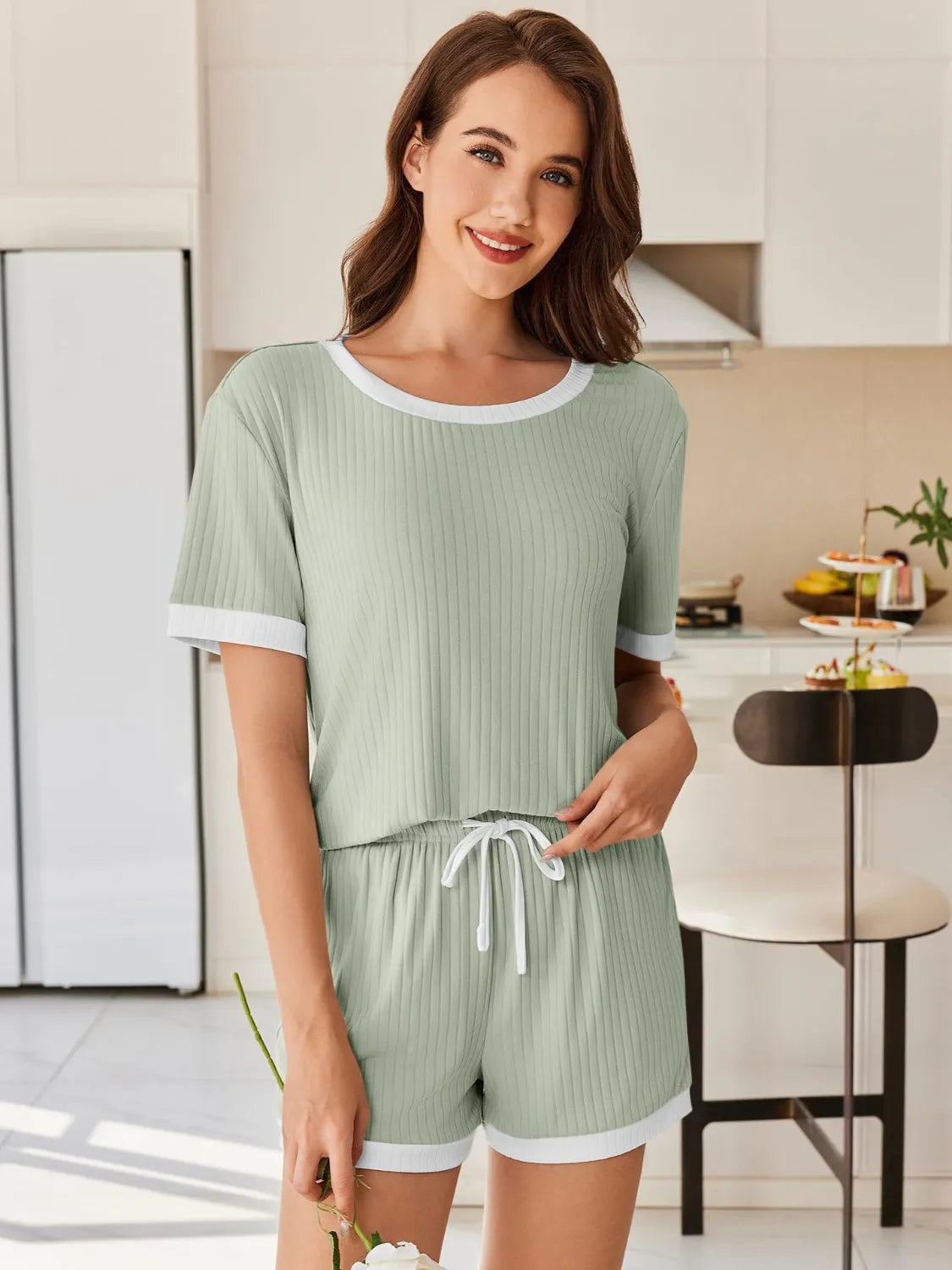 Ribbed Short Sleeve Top and Shorts Set