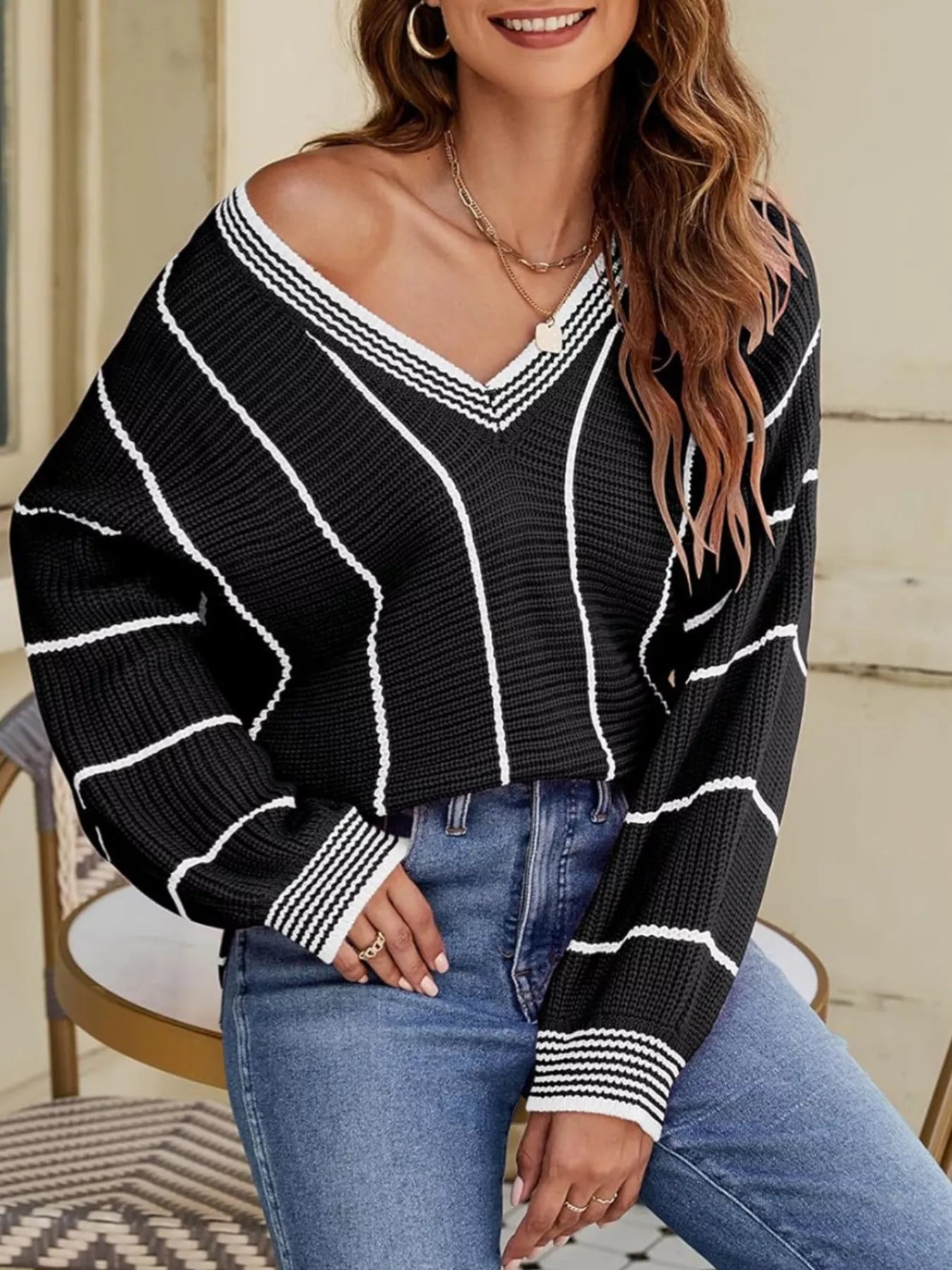V-Neck Striped Contrast Sweater