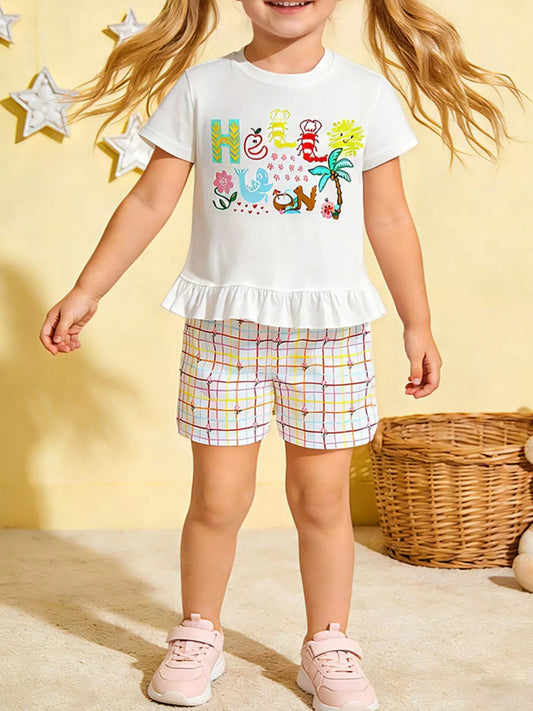 Children's Cartoon Graphic Ruffle Trim Tee & Plaid Shorts Set