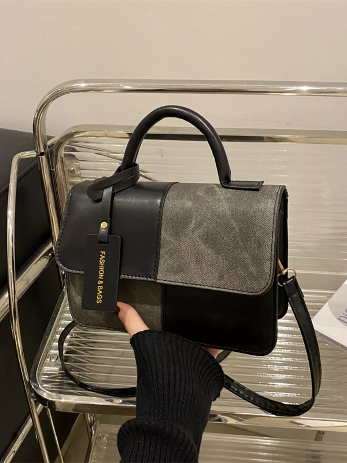 Color Block Flap Crossbody Bag with Top Handle