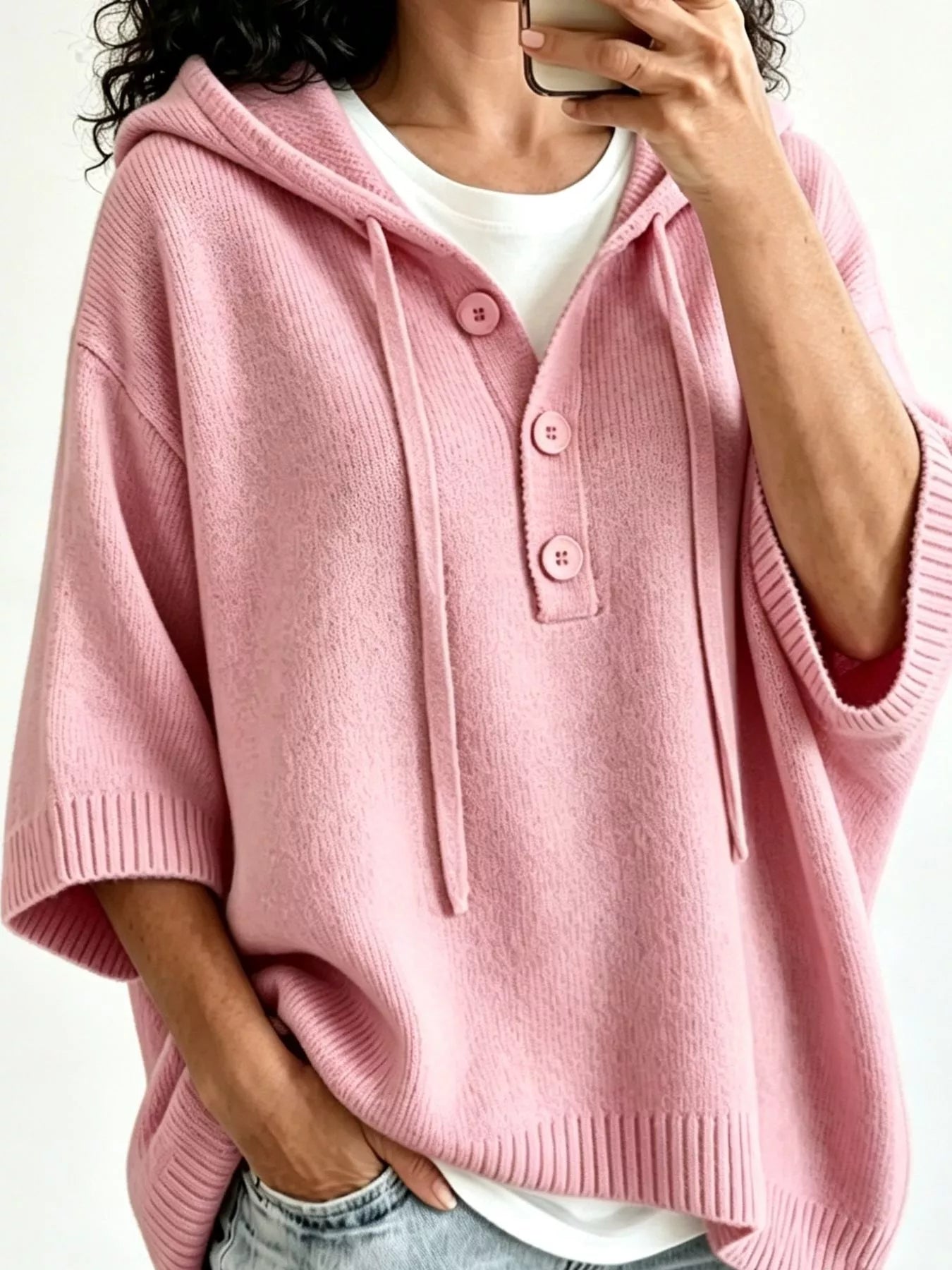 Striped Hooded Sweater with Button Detail