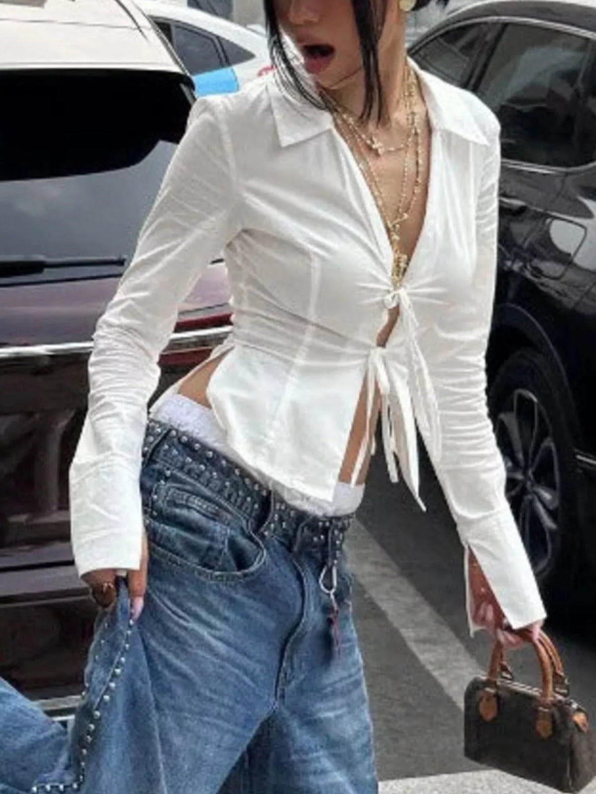 Slim-Fit Tie Front Long Sleeve Shirt