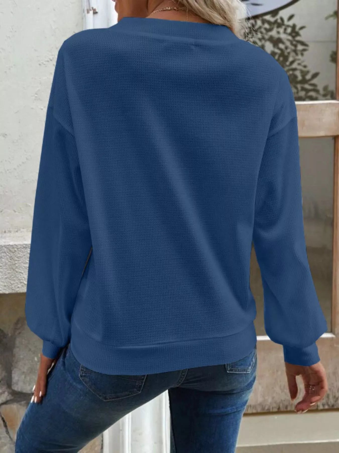 Casual V-Neck Waffle Long Sleeve Top