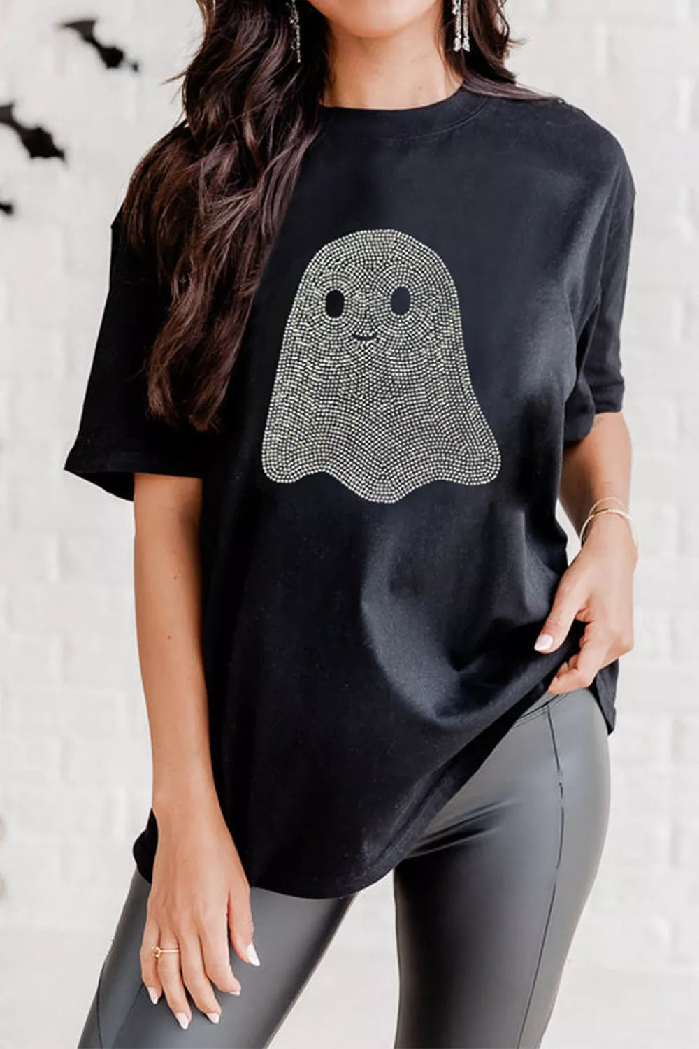 Full Size Rhinestone Ghost Round Neck T-Shirt Plus Size