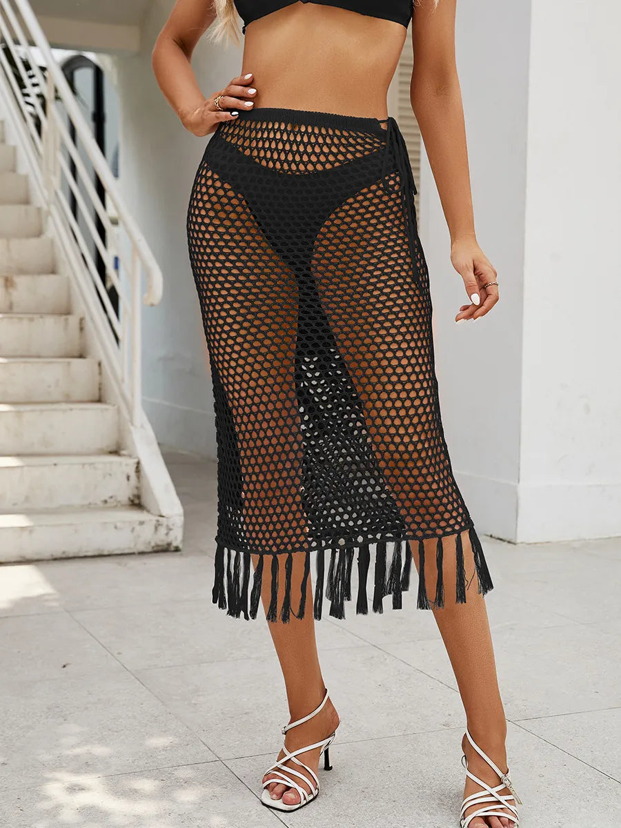 Sheer Crochet Knit Swim Cover-Up Skirt with Fringe