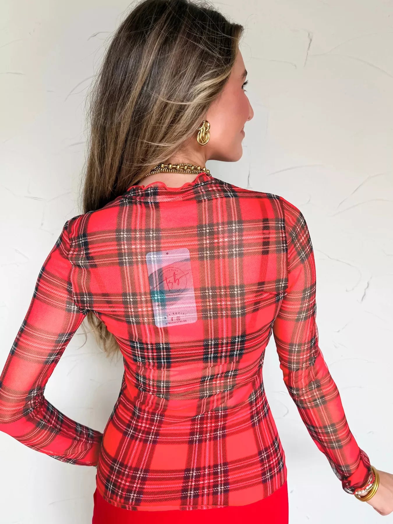 Sheer Plaid Mock Neck Long Sleeve Blouse