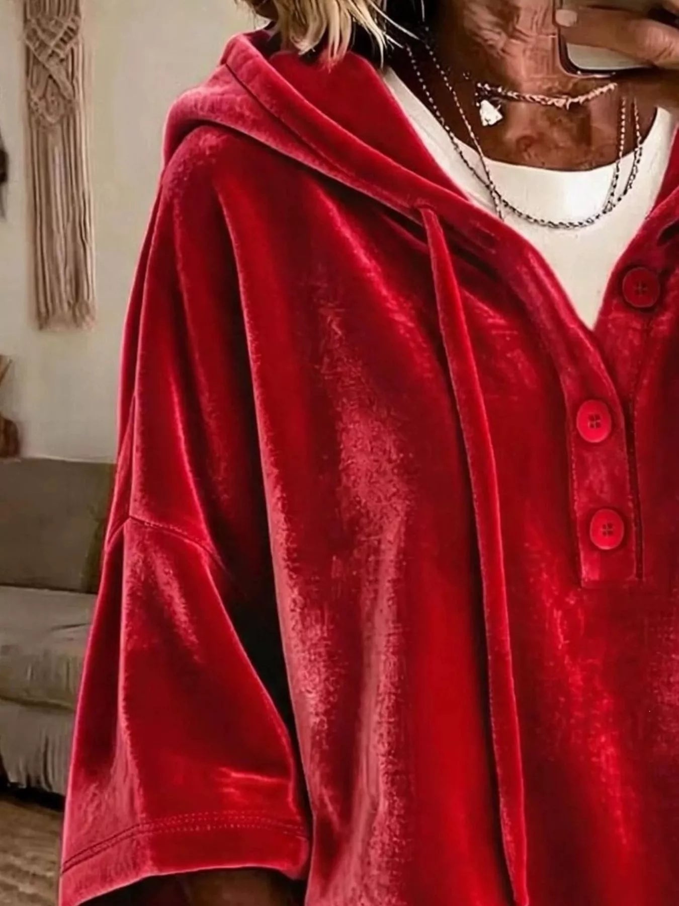 Full Size Velvet Button Detail Drawstring Hoodie Plus Size