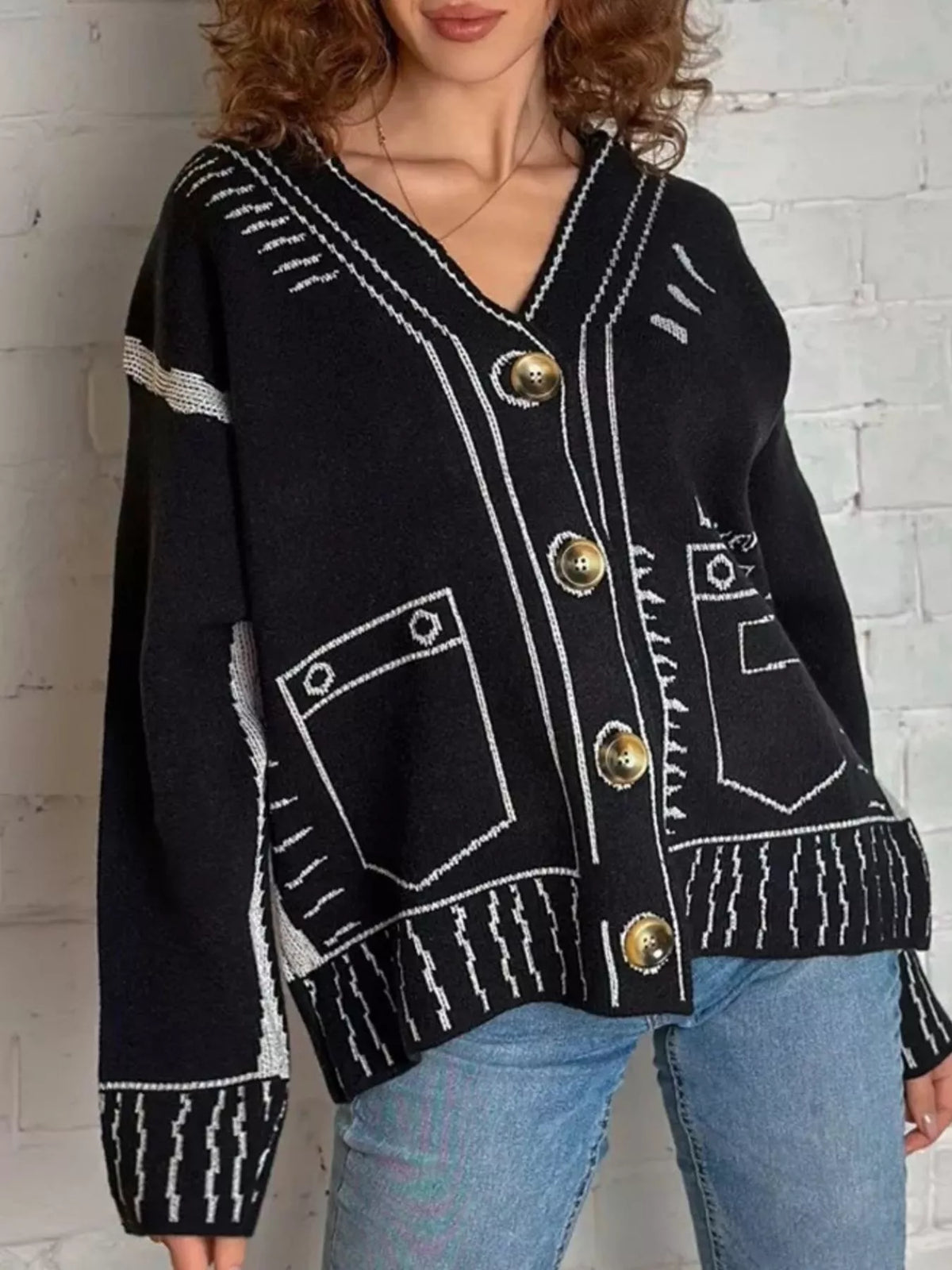 Contrast Graphic V-Neck Button-Down Cardigan