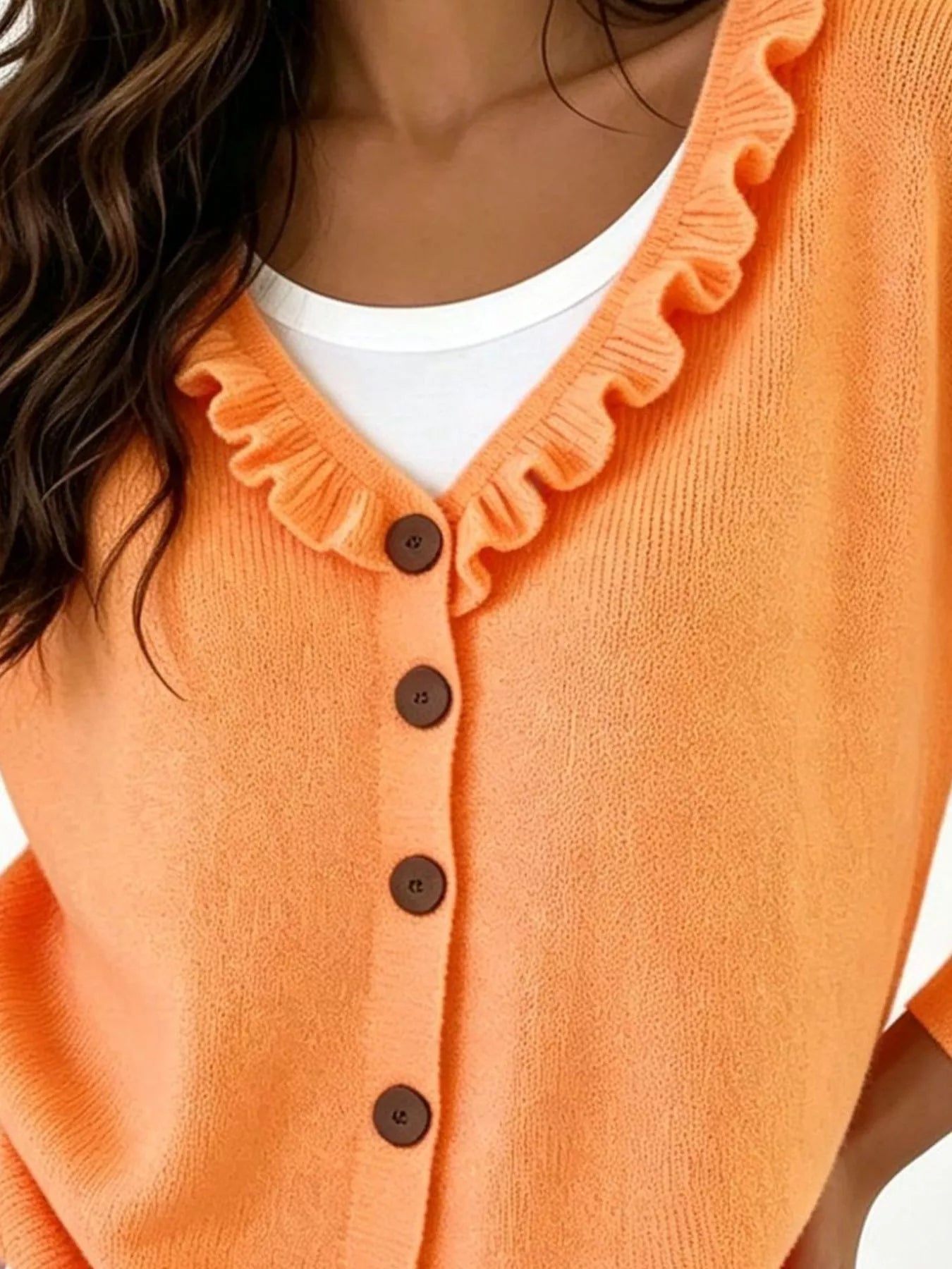 Ruffled Neckline Button-Up Cardigan