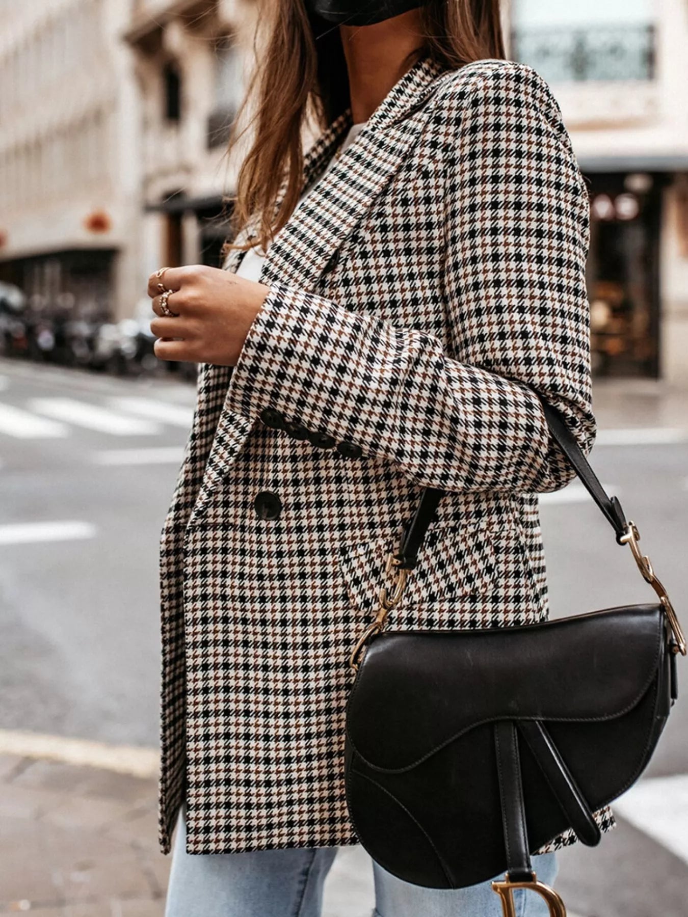 Classic Houndstooth Double-Breasted Blazer